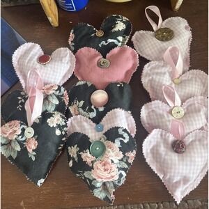 12 Handmade Hearts Bowl Filler Ornaments Stuffed Pink Gingham Rose Floral